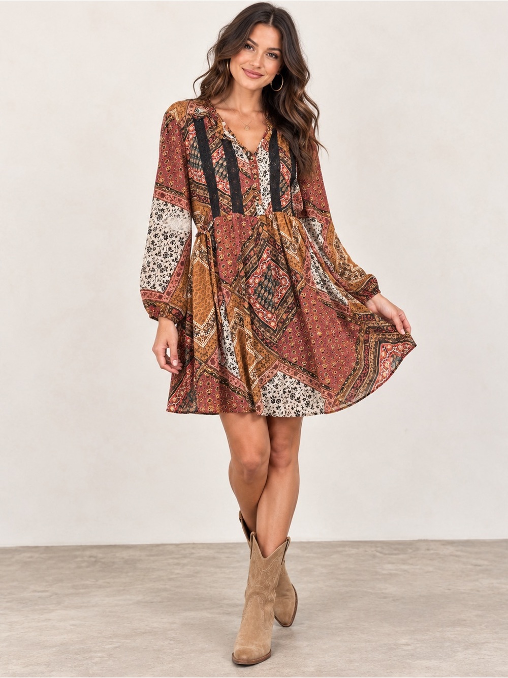 Spirit Of Grace Patchwork Long Sleeve Sheer balloon sleeves button down ties